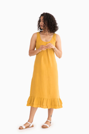 Linen Blossom Maxi Dress - Sunburnt Yellow: European Linen, Sleeveless with Ruffles & Pleated Neckline