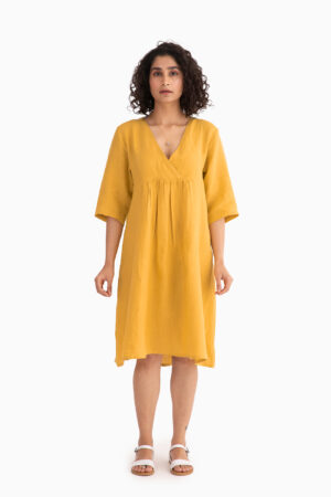 Linen Citrus Midi Dress - Sunburnt Yellow: V-neck Linen Dress with Pleats, Three-Quarter Sleeves