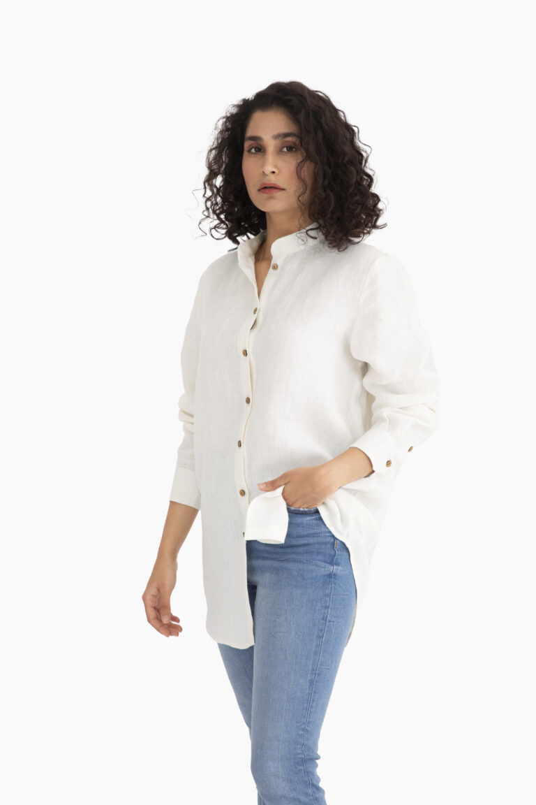 Linen Luna Shirt - Angora White: featuring a band collar, coconut husk buttons, and a serene appearance.