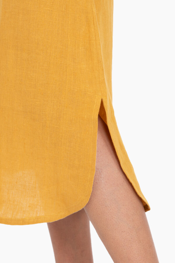 Linen Achill Dress - Sunburnt Yellow: Sleeveless Round Neck Linen Dress with Waistline Pleats