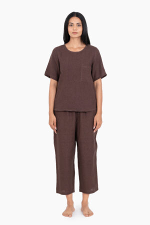 Linen Dewey Co-Ord Set - Brown Bean - Featuring a round neckline shirt, loose-fit pants, and crafted for your relaxed Sundays.