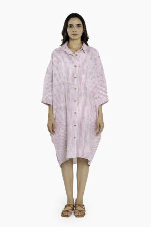 Linen Fiona Shirt Dress - Wabi Sabi Pink, Shirt Dress with Hand-Block Stripes, Quarter Sleeves, and Classic Collar
