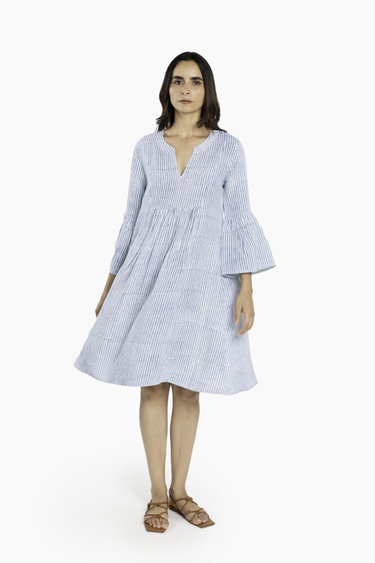 Linen Bella Dress - Wabi Sabi Blue: European Linen, Bell Sleeves, Plunging Neckline, Stripes