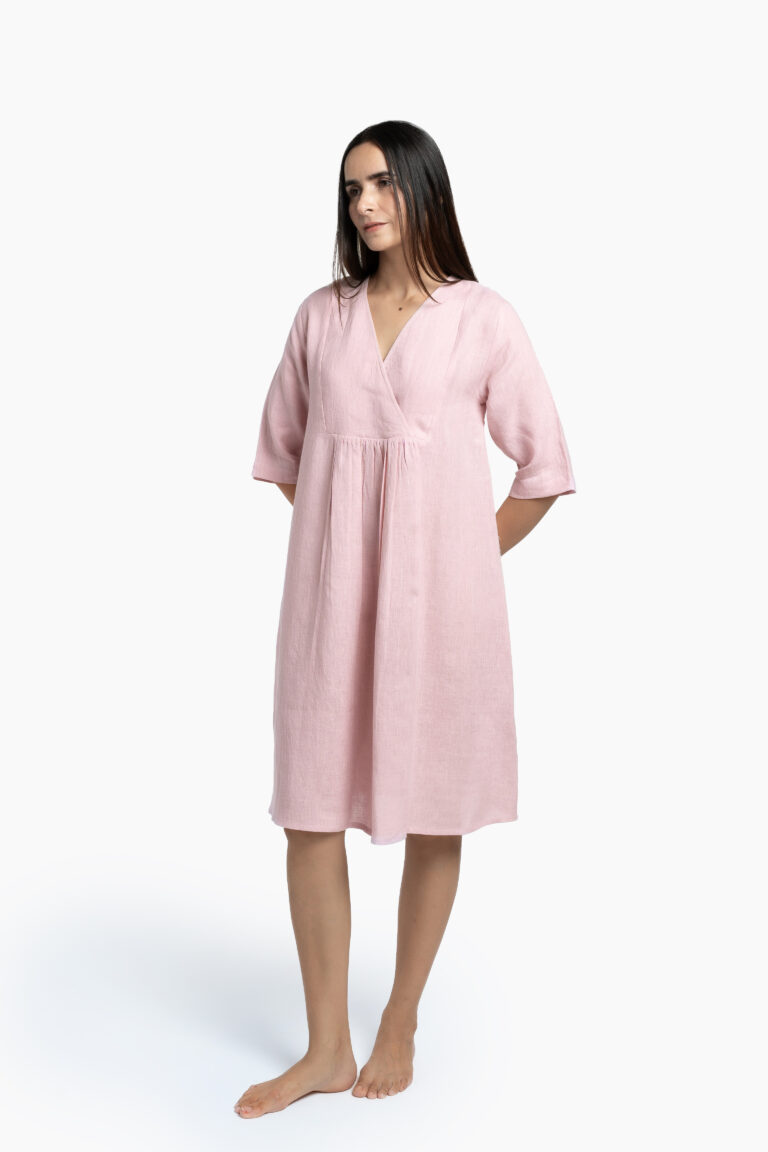Linen Citrus Midi Dress - Petal Pink: V-neck European Linen Dress with Pleats, Three-Quarter Sleeves