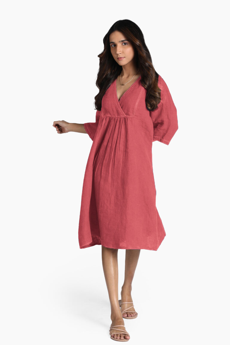 Linen Citrus Midi Dress - Berry Blush: V-neck Linen Dress with Pleats, Three-Quarter Sleeves