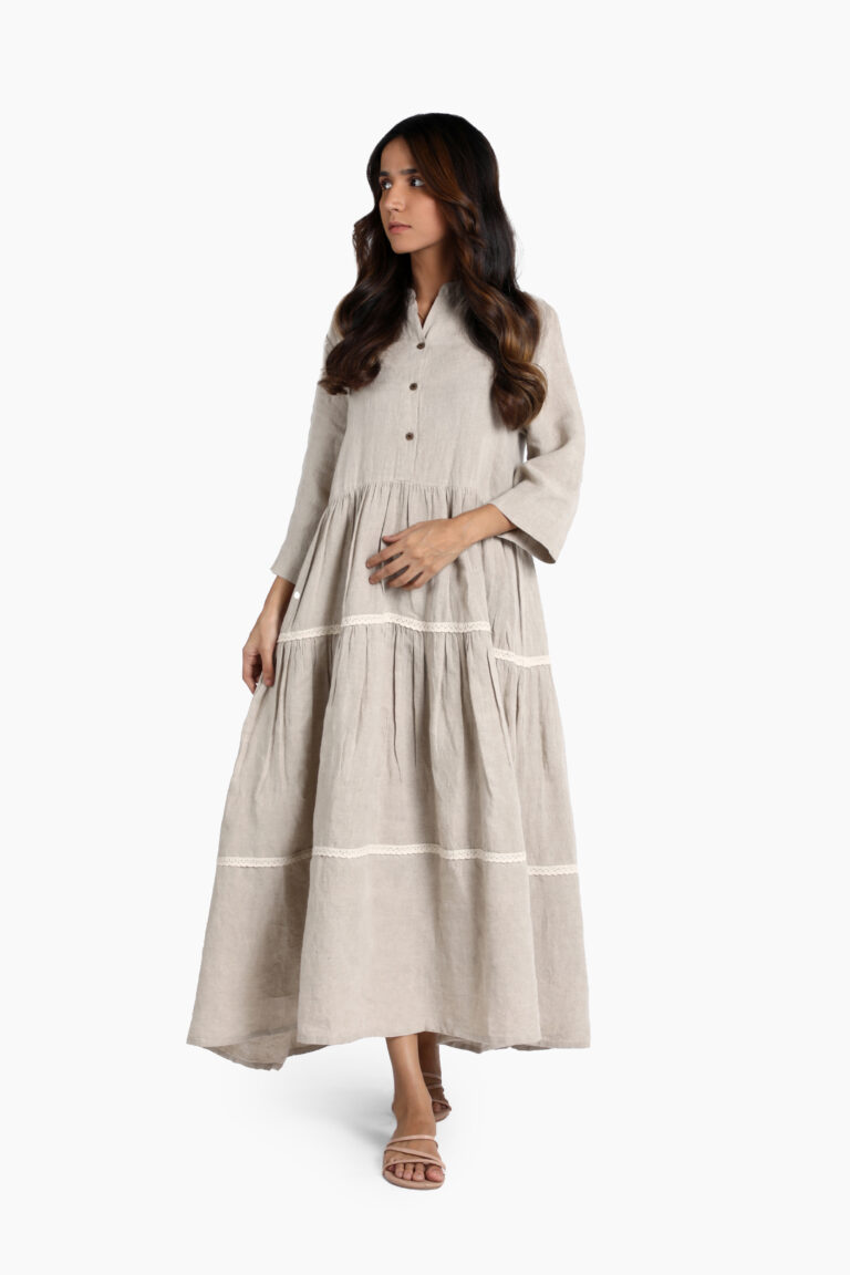 Linen Ariel Maxi Dress - Oatmeal: Coconut Husk Button Placket, Waistline Lace-Up, Classic Collar