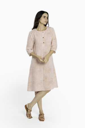 Linen Valarie Dress - Wabi Sabi Tangerine: with Round Neckline, Coconut Husk Buttons, Hand-Block Stripes