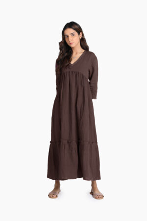 Linen Twilight Maxi Dress - Brown Bean: With a V-neckline, Kantha stitching on cuff sleeves, and subtle chest pleats