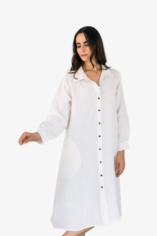 Linen Bray Shirt Dress - Angora White: Button-Down with Coconut Husk Buttons, Classic Collar