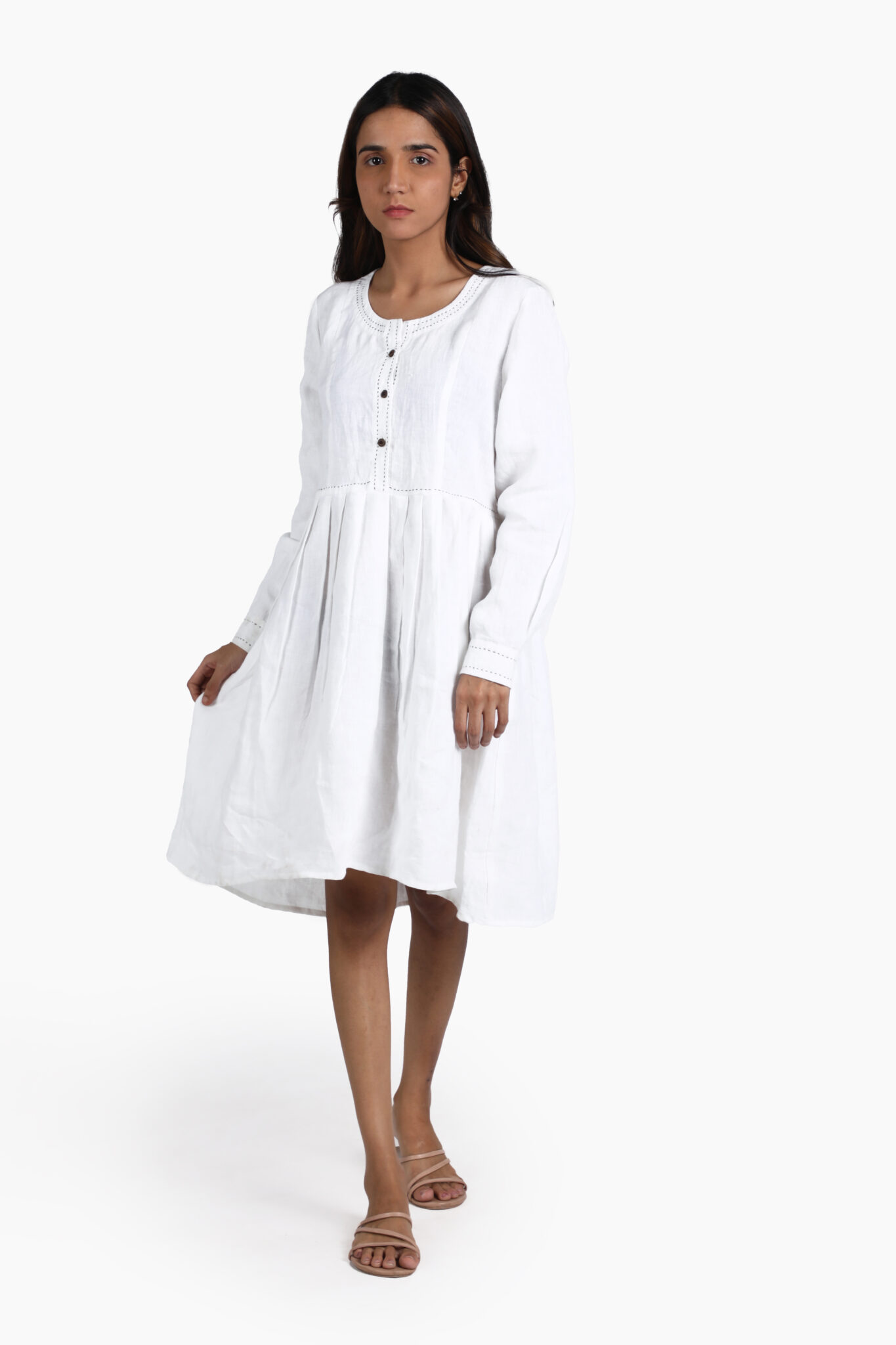 Linen Petra Midi Dress - Angora White: With Kantha detailing on the neckline and placket, Featuring full sleeves and subtle waistline pleats.