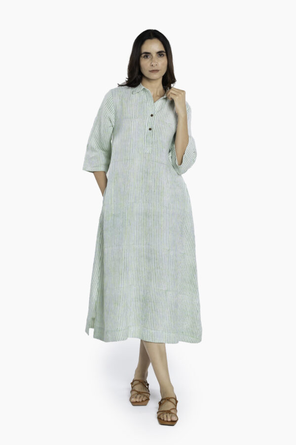 Linen Naomi Shirt Dress - Wabi Sabi Green, with Hand-Block Stripes, and Three-Quarter Sleeves