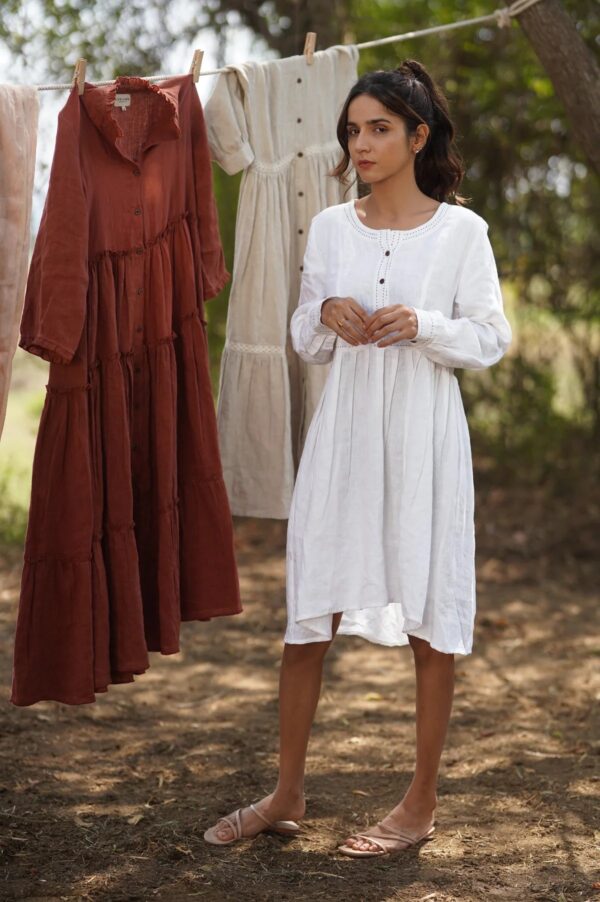 Linen Petra Midi Dress - Angora White: With Kantha stitching around the neckline and placket