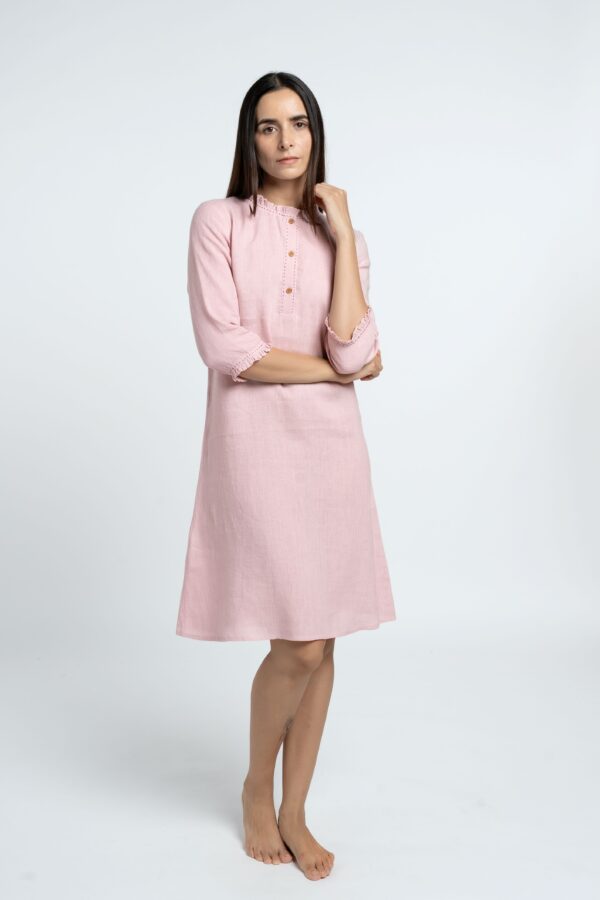 Linen Citrus Midi Dress - Petal Pink: V-neck European Linen Dress with Pleats, Three-Quarter Sleeves