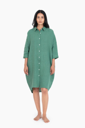 Linen Ferro Shirt Dress In Midnight Green